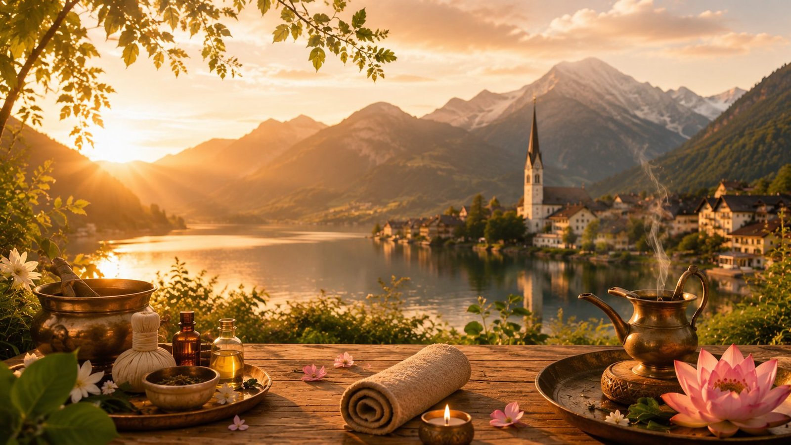 Ayurvedic ritual objects overlooking an Alpine lake at sunrise