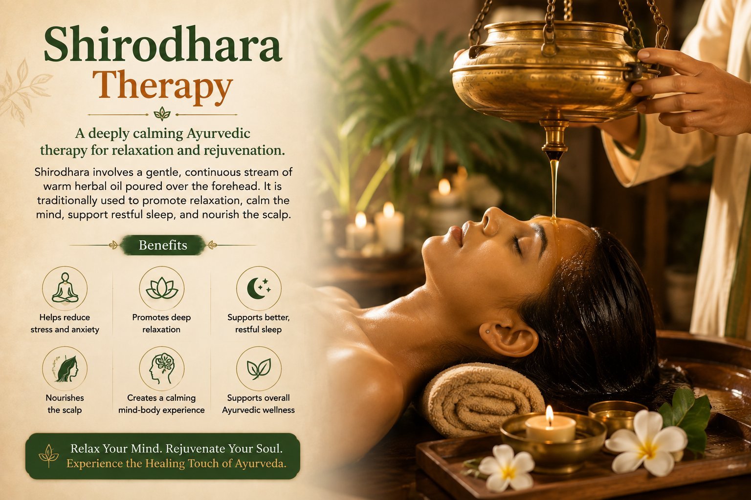 Shirodhara therapy, warm herbal oil poured over the forehead